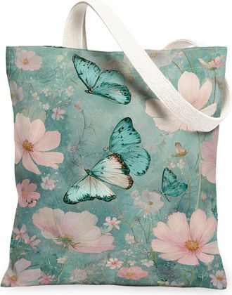 Generic Butterfly Floral Canvas Tote Bags, Spring Flowering Pattern Reusable Grocery Bags, Lightweight Washable Tote for Outdoor Tr, Blue, 13x15 Inch