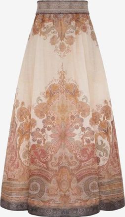 Zimmermann Ausgestellter Leinen- und Seidenmidirock mit Paisley-Print Illustration