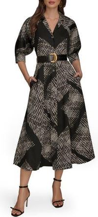 DKNY Abstract Houndstooth Check Belted Midi Shirtdress in Blk Cream at Nordstrom Rack, Size 6
