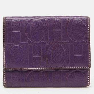 Carolina Herrera Purple Monogram Embossed Leather Compact Wallet