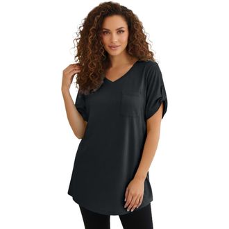 Roaman's Plus Size Slub V-Neck Boyfriend Tunic Top in Black at Nordstrom, Size Medium