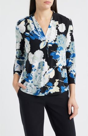 Anne Klein Print Pleat Three-Quarter Sleeve Top in Anne Black Multi at Nordstrom, Size X-Large P
