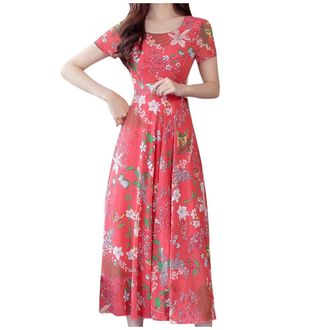 Generic Long Dresses For Women High Waist - Summer Dresses For Women Short Sleeve Round Neck Print Long Evening Dresses For Women Flowy Swing Prom Dresses For