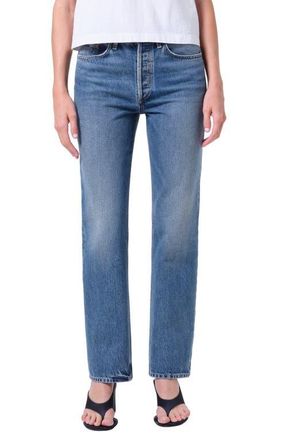 A Gold E Lana High Waist Straight Leg Jeans in Liberty Med Indigo at Nordstrom, Size 25