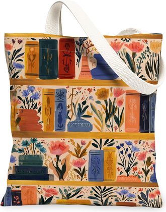 Generic Floral Books Canvas Tote Bag, Artistic Plant Pattern Reusable Grocery Bags, Vintage Lightweight Washable Shoulder Strap Can, Multicolor, 13x15 Inch