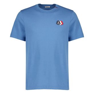 Moncler Embroidered Tricolor Logo Cotton T-Shirt - male - Moncler - T-Shirts - Blue - S - Tops