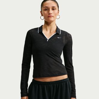 Nike Womens Nike Sportswear Chill Knit Tight Mod-Cropped Long-Sleeve Lace Top in Black | IM8389-010