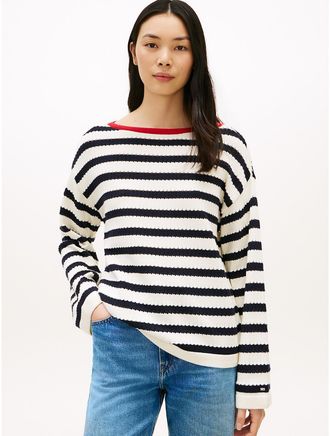 Tommy Hilfiger Womens Breton Stripe Pointelle Boatneck Sweater - Navy - XXL
