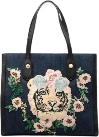 Gucci Pre-owned Embroidered Denim Satchel - Dames - Vintage Shopper - Blauw - ONE Size - Denim - Vintage