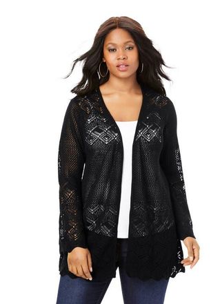 Roaman's Bell Sleeve Pointelle Cardigan in Black at Nordstrom, Size 16