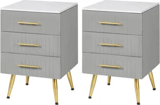Woltu 2 X Mesita De Noche Con 3 Cajones Mesilla Auxiliar Sof&aacute; Mueble Con Espacio De Almacenamiento Mesa De Caf&eacute; 40.5x41x60cm Blanco Gris Terciopelo Mdf - Wo
