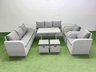 Fimous Rattan High Back Lounge Sofa Set with Reclining Chairs 2 Side Tables in Light Grey
