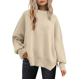 Generic Fall Outfits for Women,Womens Jumpers Winter Casual Crew Neck Knitted Sweaters Long Sleeve Loose Pullover with Side Slit Jumper Tops Sweatshirt,Beige,