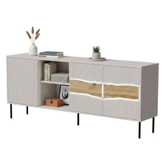 Dmora Aparador Mestrino, Aparador De Sal&oacute;n Con Tres Puertas Batientes Y Dos Compartimentos Abiertos, Elevado Del Suelo, 190x40 H80 Cm, Beige Y Nudos De Robl