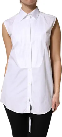 Dolce & Gabbana Womens White Cotton Pleated Sleeveless Button Down Top
