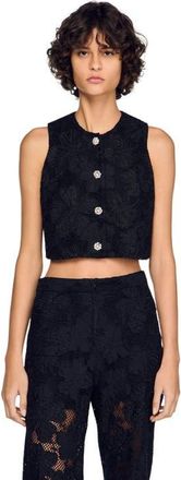 Sandro Embroidered guipure crop top in Black at Nordstrom, Size X-Small