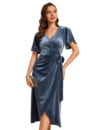 Ever-pretty Womens Dresses Velvet Midi Length A-Line V Neck Ruffled Sleeves Wedding Guest Dress Dusty Navy 10UK