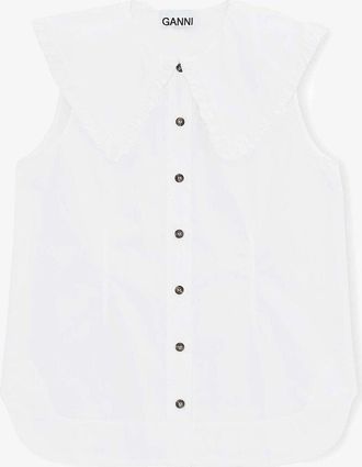 Ganni White Cotton Poplin Sleeveless Frill Collar Shirt - Size 10/12