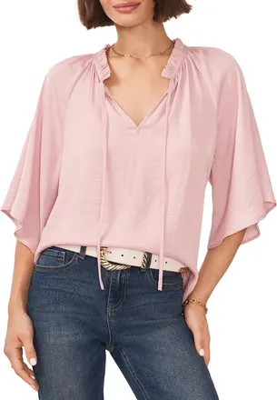 Vince Camuto Womens Vince Camuto Blouse Rose Pink Pleated Sheer Ruffle Split Neck RED466
