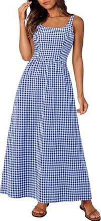 Generic Womens Pure Cotton Plaid Maxi Tank Dress,Square Neck Smocked Back Aline Flowy Sundress Casual Boho Gingham Beach Dress (Blue,S)