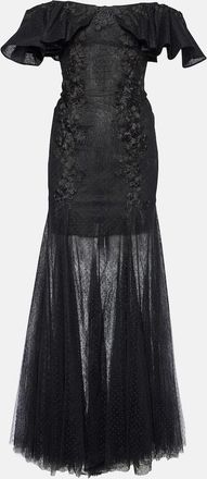 Costarellos Ruffled lace and tulle gown