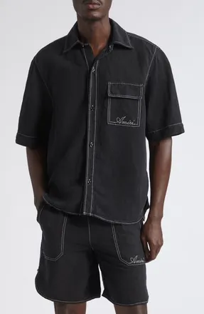 Amiri Script Garment Dyed Short Sleeve Linen Blend Button-Up Shirt in Black at Nordstrom, Size Xxx-Large