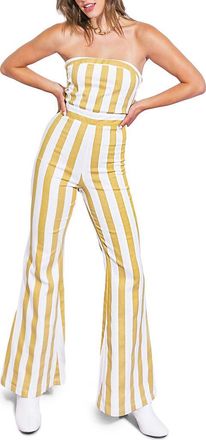 Flying Tomato Striped Strapless Jumpsuit in Ivory Taupe at Nordstrom Rack, Size Medium