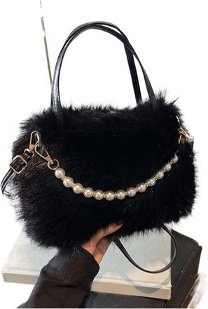 Generic Womens Plush Bags Pearl Handle Womens Plush Crossbody Bag Portable Handbag Winter Fashion Casual Shoulder(Black)