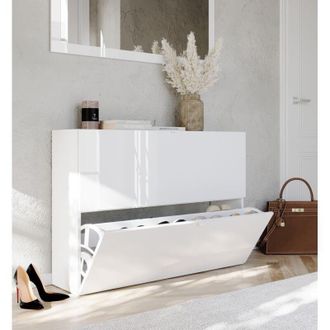Dmora Sapatero Lovero, Mueble Para 20 Pares, 2 Puertas, Puerta Abatible, 110x25x75h Cm Blanco Brillante