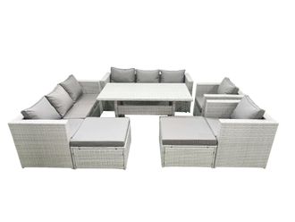 Fimous Rattan Garden Furniture Set Outdoor 8 Seater Patio Dinin g Sofa Sets with Dining Table 2 Chairs 2 Big Footstools Light Grey Mixed