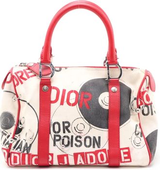 Dior Red Color White Leather Canvas Boston Bag Handbag Tote Bag (Pre-Owned)