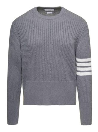 Thom Browne Cable-Knit Jumper With Signature 4 Bar Detailing In Grey Cotton Man