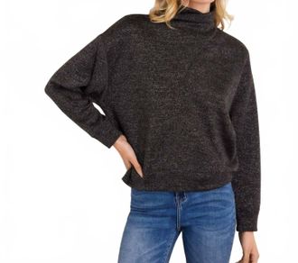 Karen Kane Long Sleeve Faux Wrap Turtleneck Top In Black With Silver