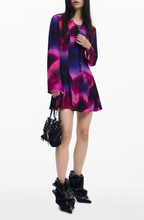 Desigual Print Lace Up Long Sleeve Minidress in Purple at Nordstrom Rack, Size X-Small