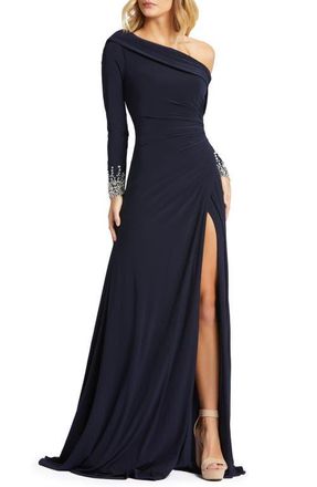Mac Duggal Jeweled Cuff Drop Shoulder Faux Wrap Gown in Midnight at Nordstrom, Size 12