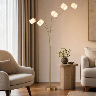 Globo Lighting Lampada Da Terra, Lampada Da Salotto A 5 Luci, Ottone E Tessuto Bianco, E27, H 200 Cm