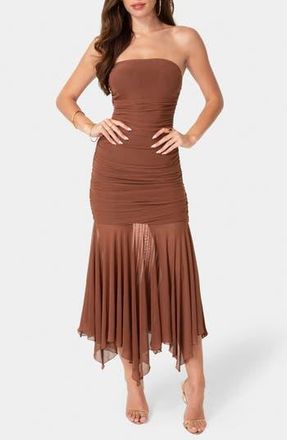 Bebe Strapless Handkerchief Hem Powermesh Dress in Mocha at Nordstrom Rack, Size X-Large