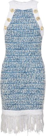 Balmain Fringed Tweed Mini Dress - Dames - Korte kleedjes - Blauw - S - Tweed - Kleedjes