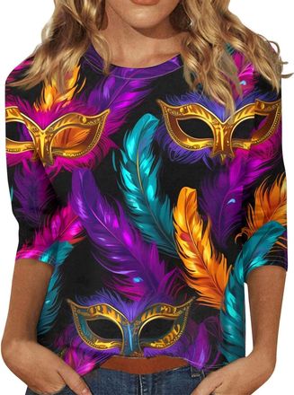 Generic Casual Short Sleeve T Shirts Womens Tops Basic Tee 2025 Mardi Shirt for Women Carnival Themed Outfit Graphic 3/4 Sleeve Tunic Tops Crewneck Blouse Tsh