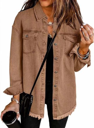 Generic Cocila Denim Jackets Women UK Button Down Windproof Casual Long Frayed Hem Shacket Coats Washed 2025 Jean Solid Color Lightweight Stretch Boyfriend Je