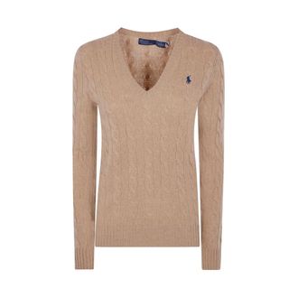 Ralph Lauren Trui met V-hals van Kabelgebreid Wol-Cashmere - Dames - V-hals truien - Beige - XS - Wol - Truien & Vesten