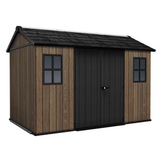 Dmora Caseta De Jard&iacute;n Mcalester, Con Candado, Acabado En Resina, Ventanas, Techo A Dos Aguas, 350x230x246h Cm Marr&oacute;n Nuez