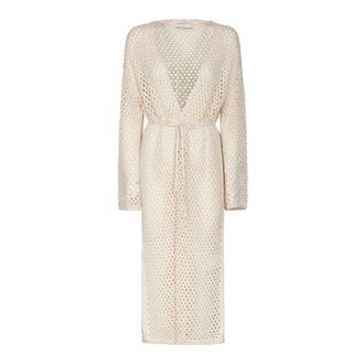 Akep Cardigans, female, Beige, Size: XL Mgkd13036 Long Cardigan with Belt and Sheer Details
