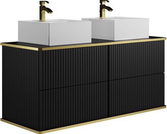 Vente-Unique Mueble de ba&ntilde;o suspendido estriado con ribete dorado y dos lavabos cuadrados - Negro - 120 cm - KELIZA