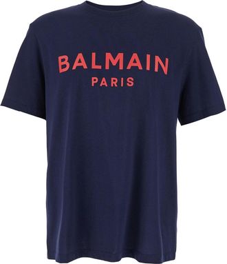 Balmain Blue Crewneck T-shirt With Logo Lettering Print On The Front In Cotton Man