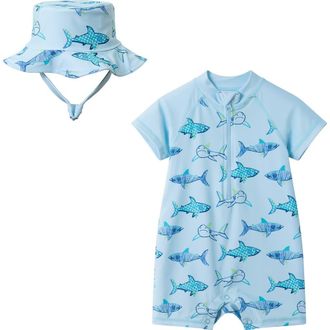 Andy & Evan Long Sleeve One-Piece Swimsuit & Sun Hat in Aqua Shark at Nordstrom, Size 12-18M