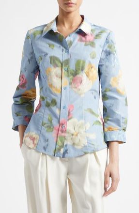 Carolina Herrera Ana Chin&eacute; Floral Print Button-Up Shirt in Cloudy Blue Multi at Nordstrom, Size 10