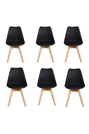 Life Interiors Set of 6 Tulip Dining Chairs Leather Padded Seat Solid Wood Legs in Black