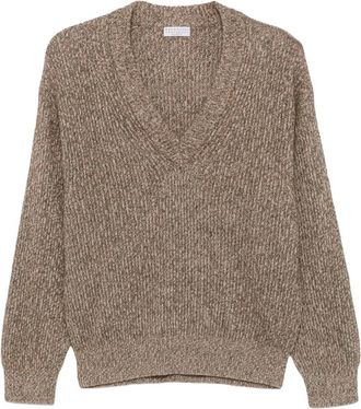 Brunello Cucinelli Ribbed V-neck Sweater - Dames - Truien - Bruin - Maat: M Wol