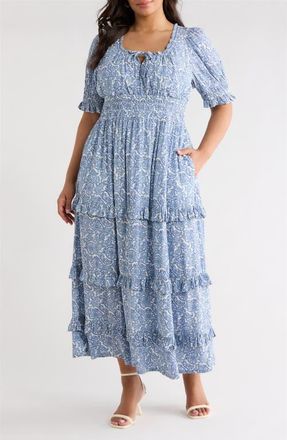Treasure & Bond Print Smocked Waist Maxi Dress in Blue Lace Allover at Nordstrom, Size 2X